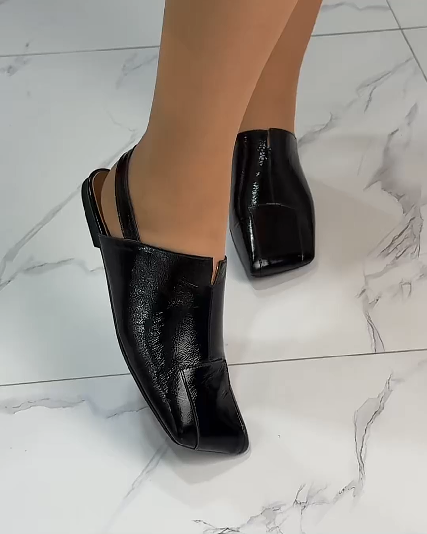 Stylish patent leather square toe back strap flat slippers