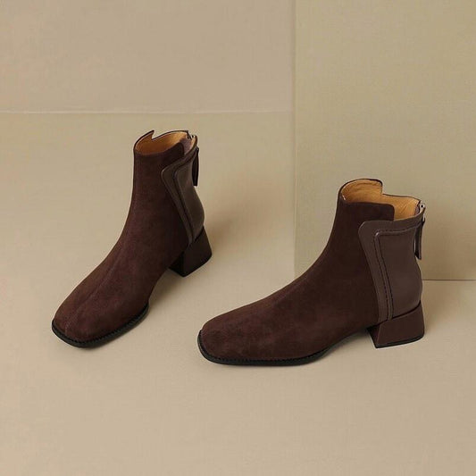 Sleek suede and leather panelled block heel boots