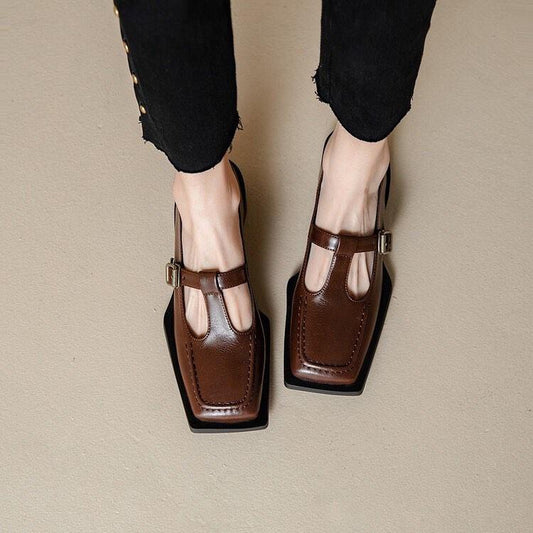 Stylish square toe leather Mary Jane shoes loafers