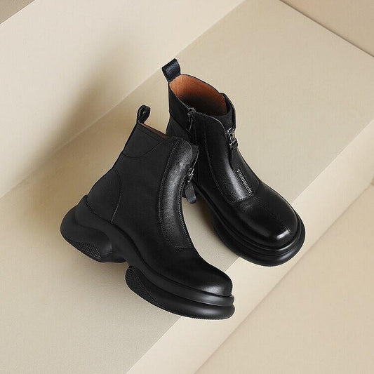Round toe double zipper stretch soft sole leather boots