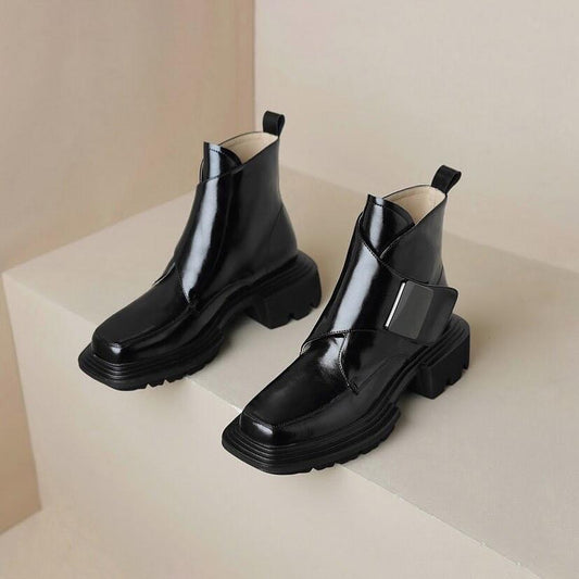 Square toe platform metal buckle leather boots
