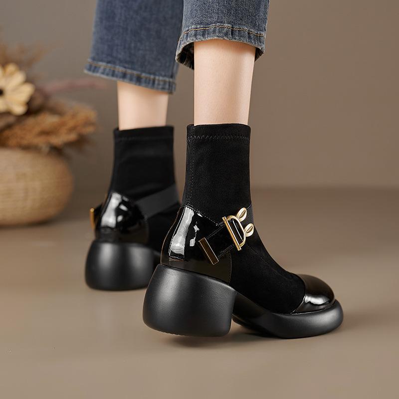 New suede rabbit ear buckle thick heel thick-soled Martin boots