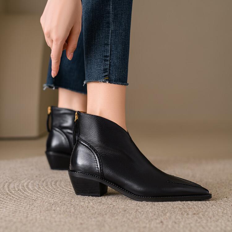 Retro leather pointed toe block heel boots
