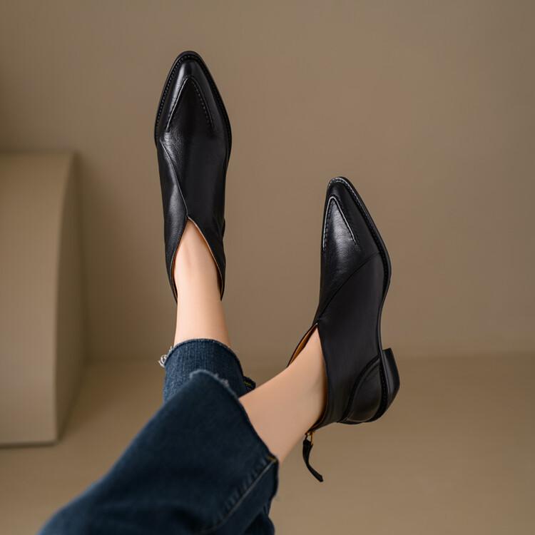 Retro leather pointed toe block heel boots