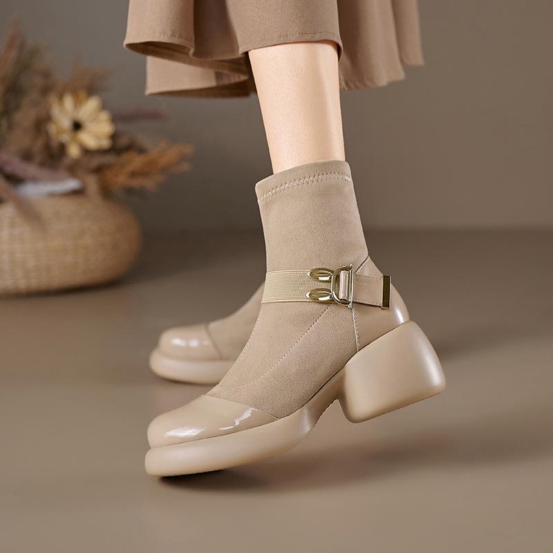 New suede rabbit ear buckle thick heel thick-soled Martin boots