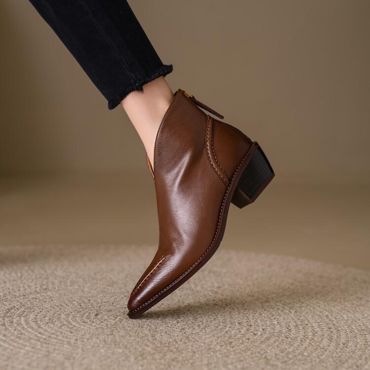 Retro leather pointed toe block heel boots