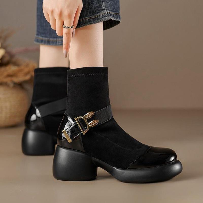 New suede rabbit ear buckle thick heel thick-soled Martin boots