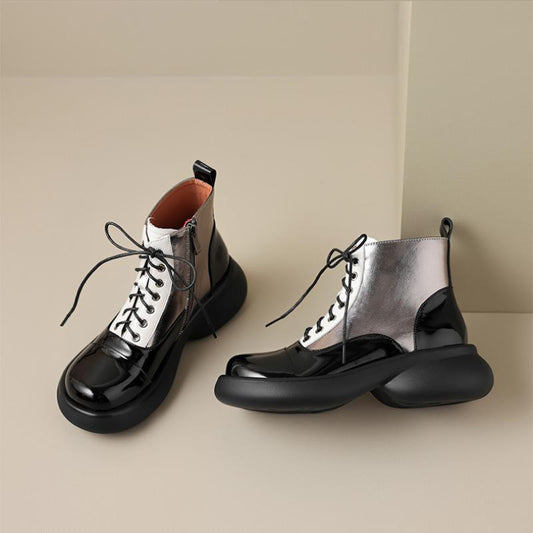 Stylish shiny round toe soft sole lace-up boots