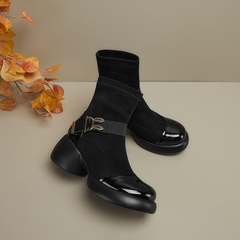 New suede rabbit ear buckle thick heel thick-soled Martin boots