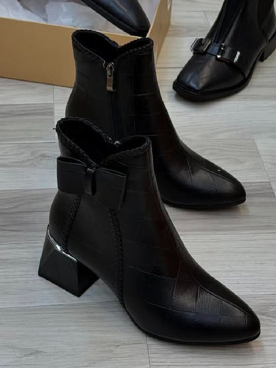 Elegant Bowknot Plaid Embossed Warm Leather Pointed Toe Chunky Heel Ankle Boots