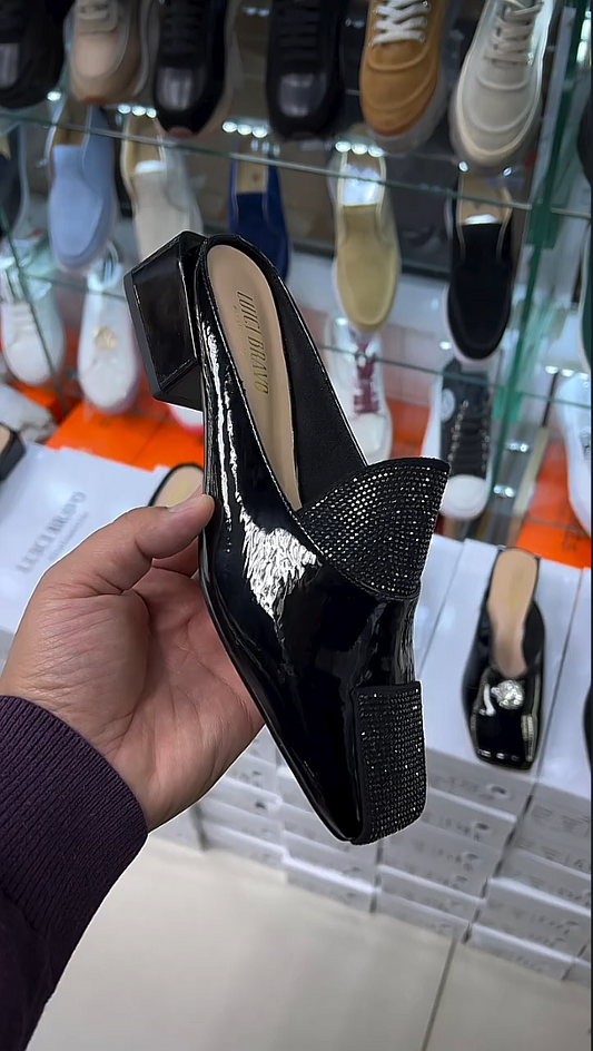 Stylish patent leather sequined block heel slippers
