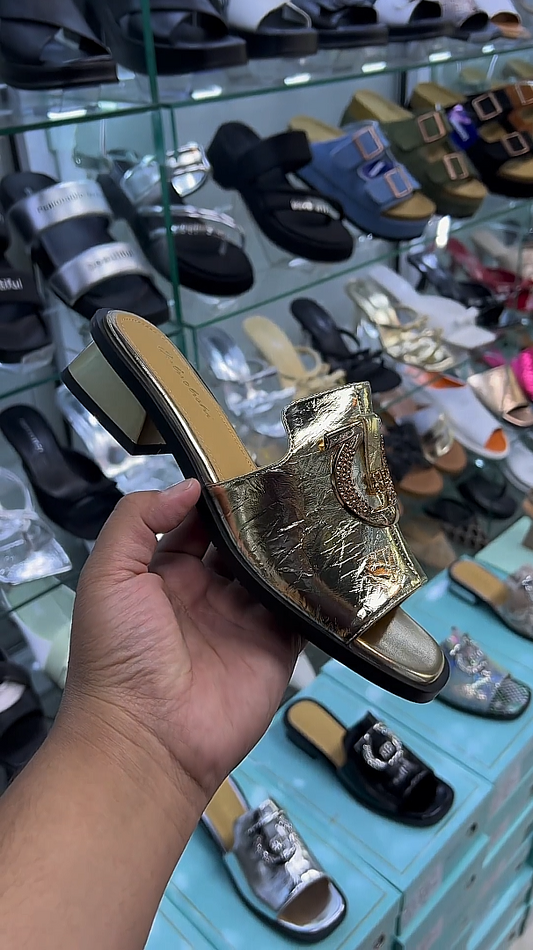 Stylish shiny patent leather block heel slides