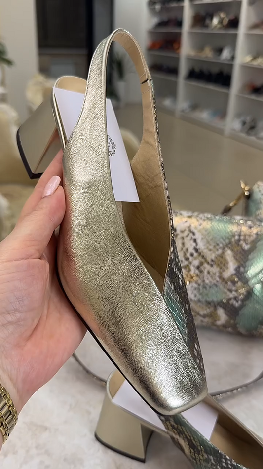 Stylish gold patent leather snake scale thick heel casual shoes