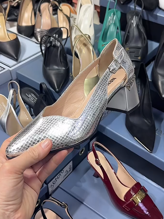 Stylish silver patent leather pointed toe thick heel casual shoes
