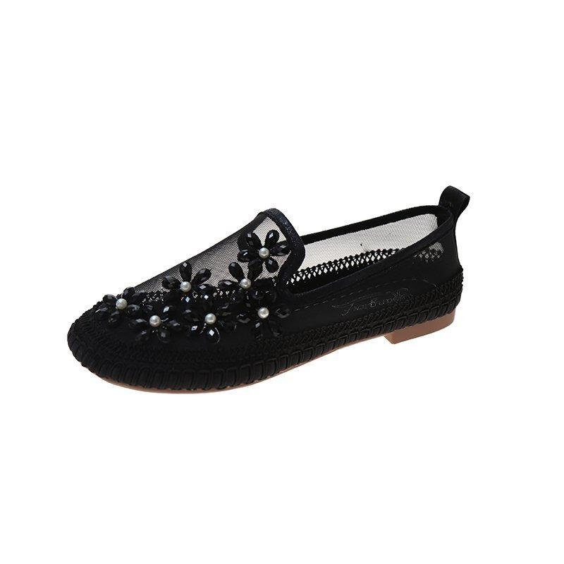 Stylish flower rhinestone casual breathable mesh slip-on shoes