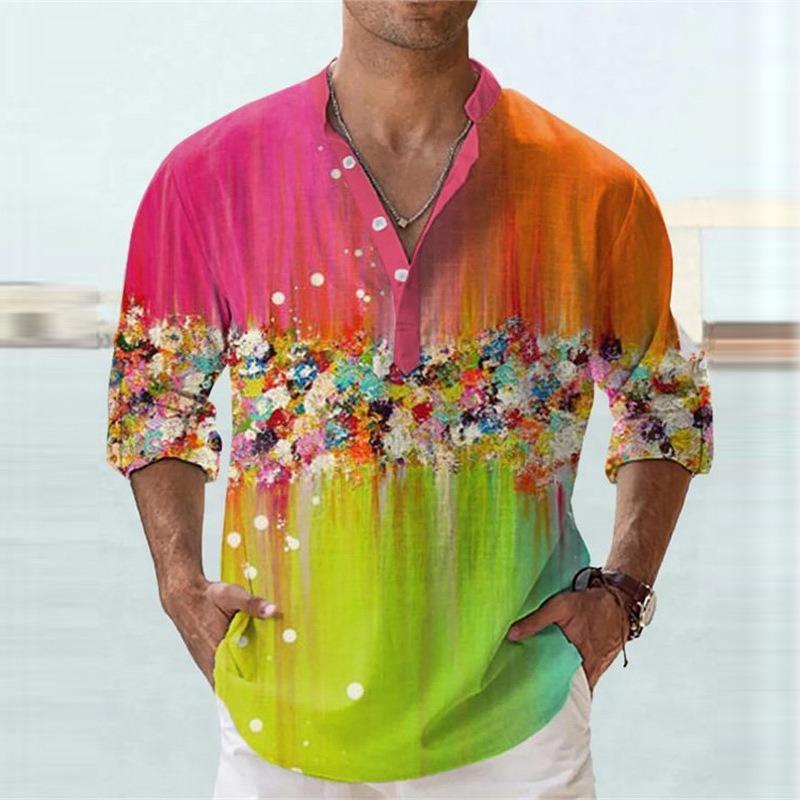 Trendy oil painting printing men's v-neck casual shirt