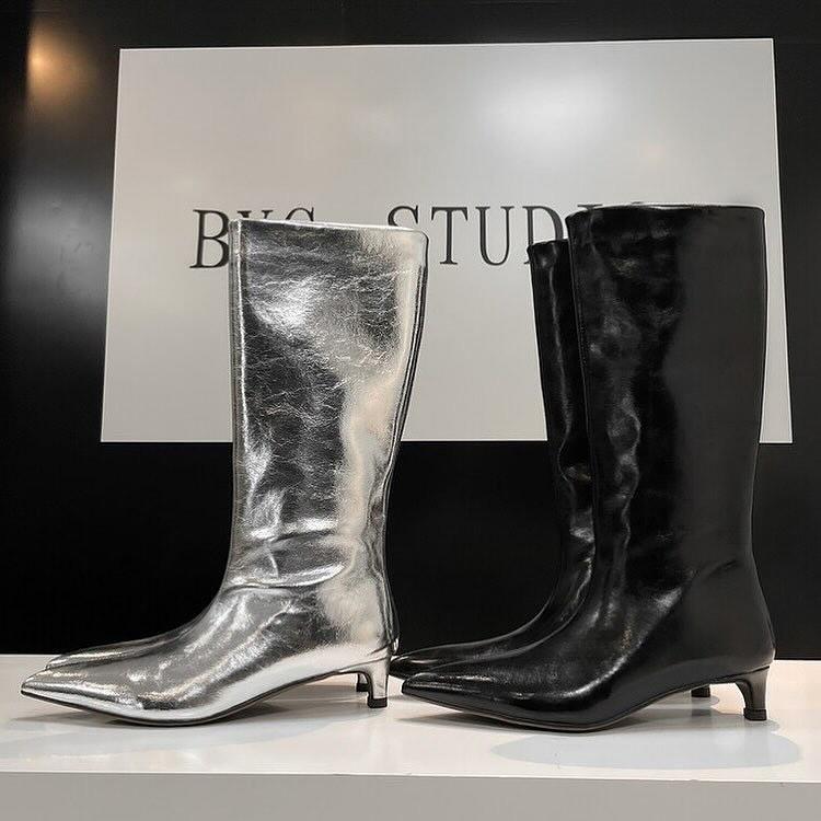 Stylish silver pointed toe low heel high boots