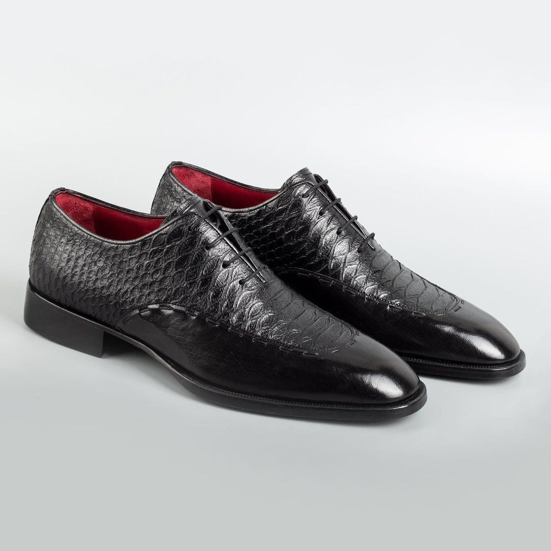 Elegant snake print stitching men's genuine leather dress shoes