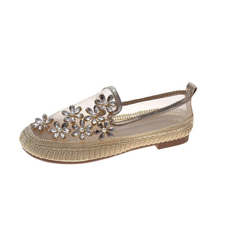 Stylish flower rhinestone casual breathable mesh slip-on shoes