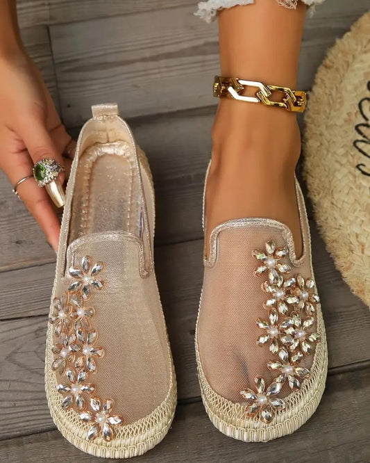 Stylish flower rhinestone casual breathable mesh slip-on shoes