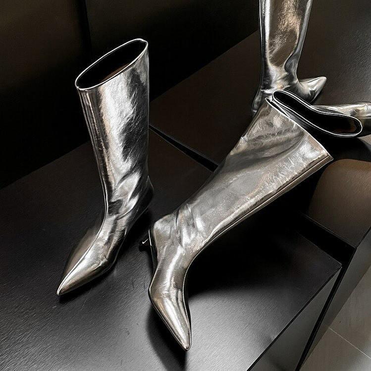 Stylish silver pointed toe low heel high boots