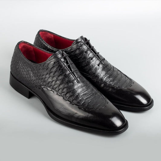 Elegant snake print stitching men's genuine leather dress shoes