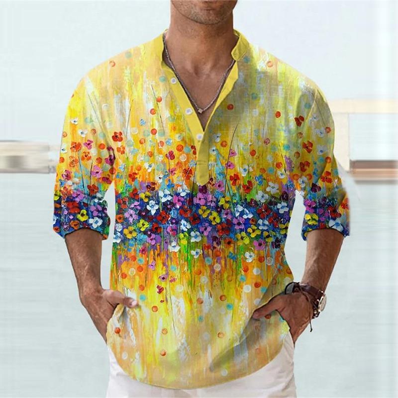 Trendy oil painting printing men's v-neck casual shirt