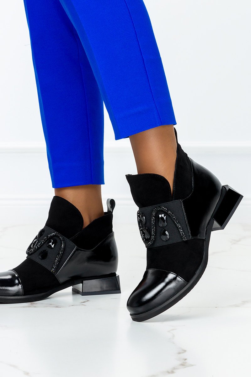 Stylish shiny diamond color block leather ankle boots