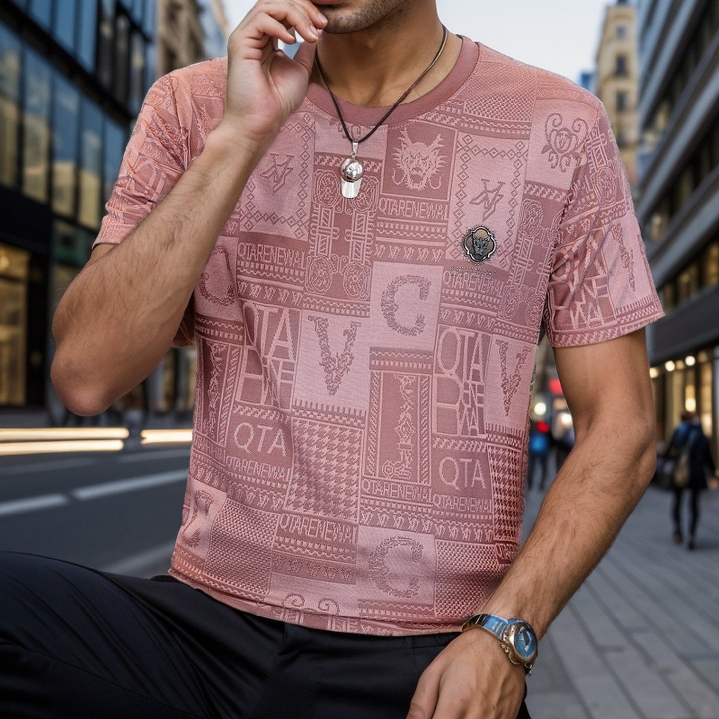 Trendy ice silk jacquard shiny men's T-shirt