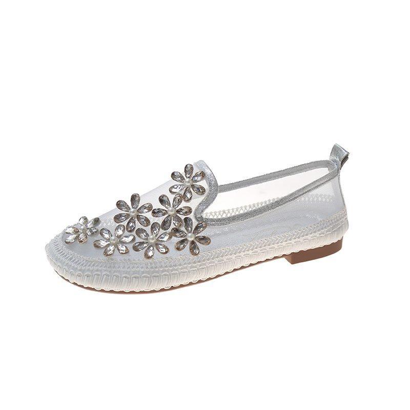 Stylish flower rhinestone casual breathable mesh slip-on shoes