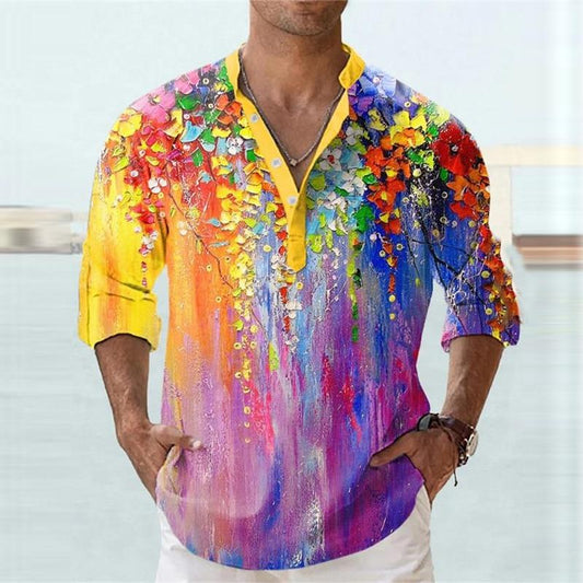 Trendy oil painting printing men's v-neck casual shirt