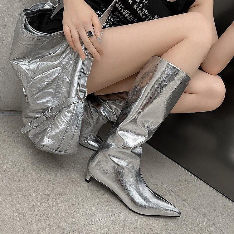 Stylish silver pointed toe low heel high boots