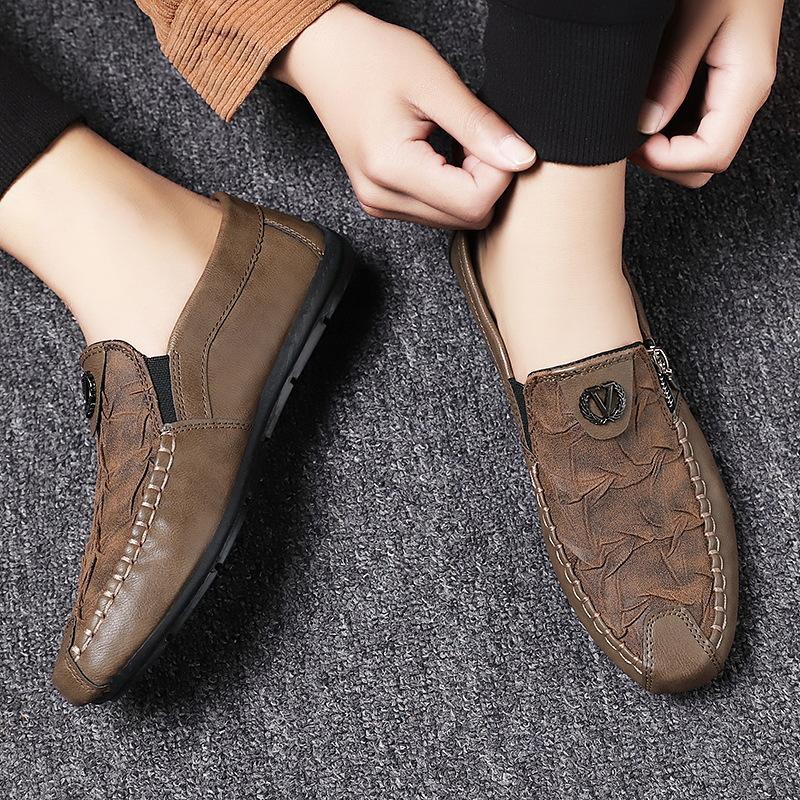 Retro zipper casual soft sole men's leather shoes