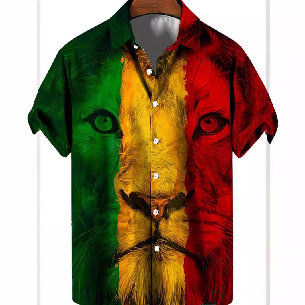 Stylish lion print v-neck button-down shirt