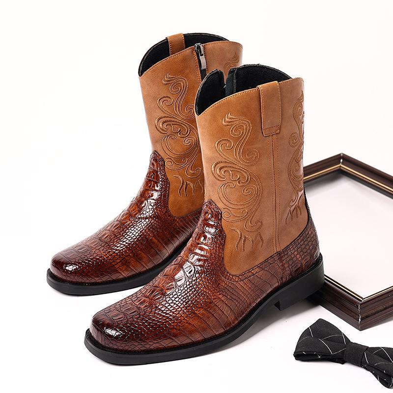 Stylish vintage zipper cowhide western cowboy boots