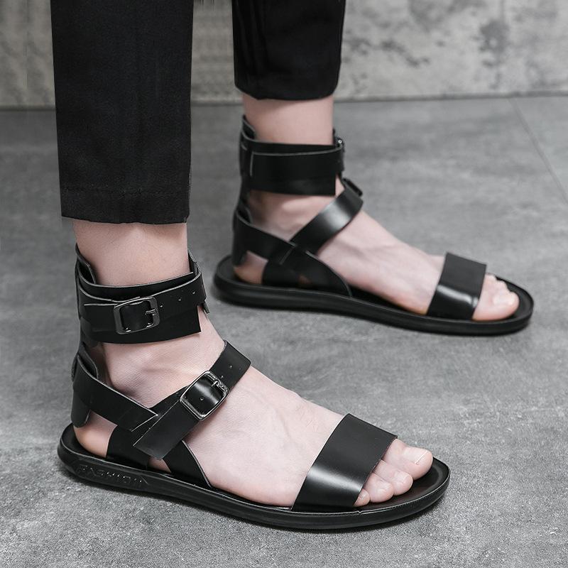 Trendy men's high-top buckle leather sandals