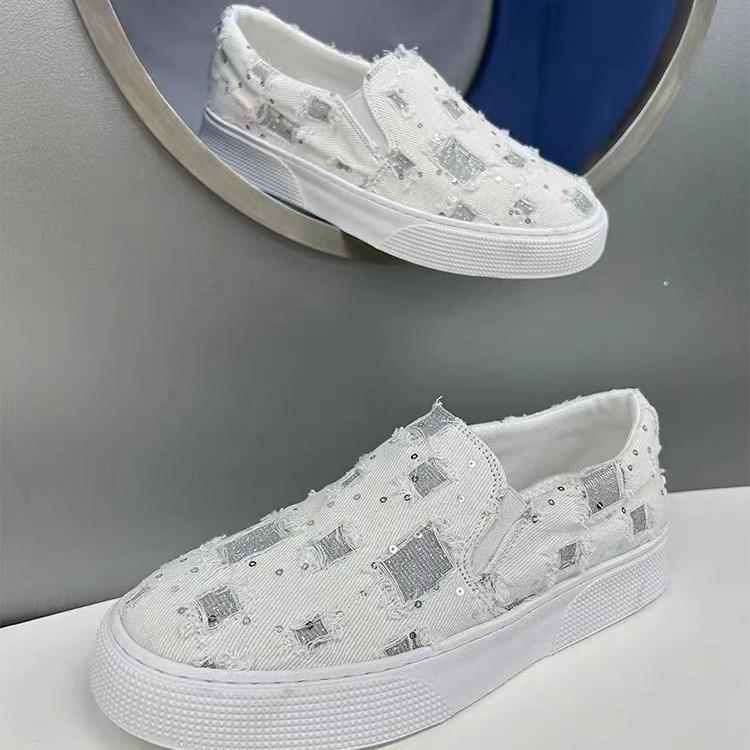 Trendy breathable fabric ripped sequin comfortable sneakers