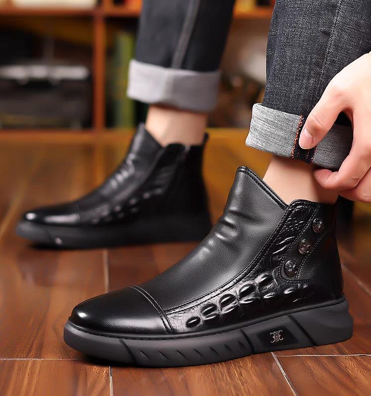 Trendy new high-top casual crocodile pattern side zipper men's genuine leather boots