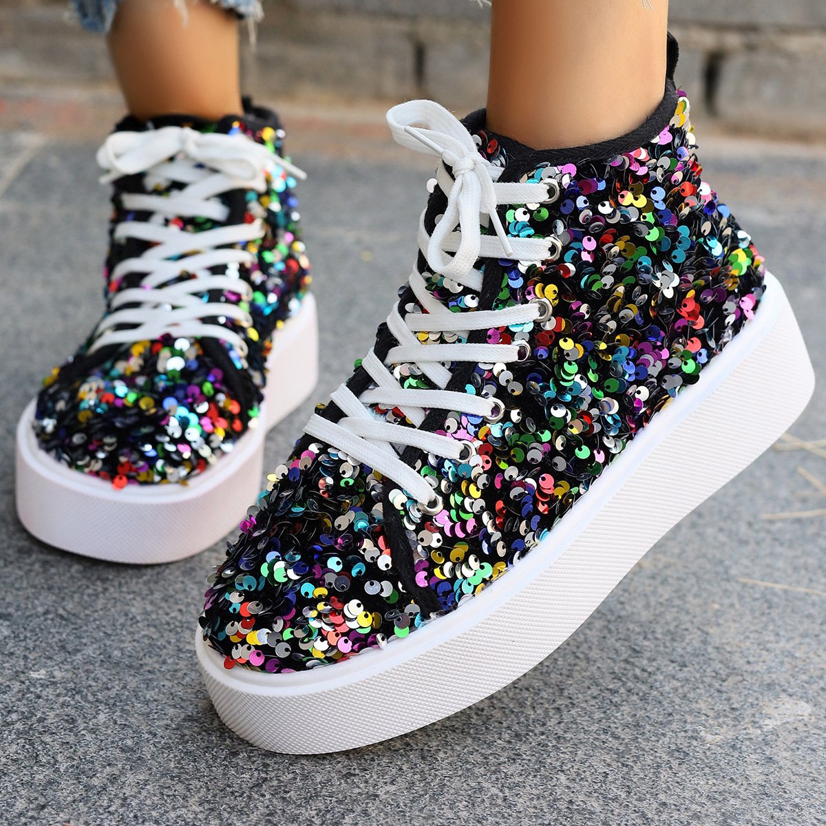 Stylish new sequined thick-soled sports ankle boots