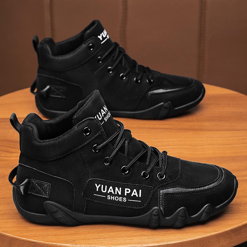 Stylish leather waterproof high-top tie non-slip wear-resistant casual work versatile men's sneakers