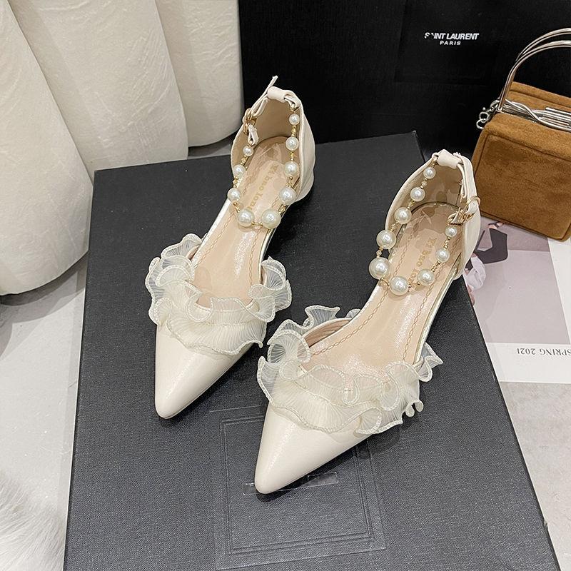 Stylish new pearl buckle strap thick heel sandals