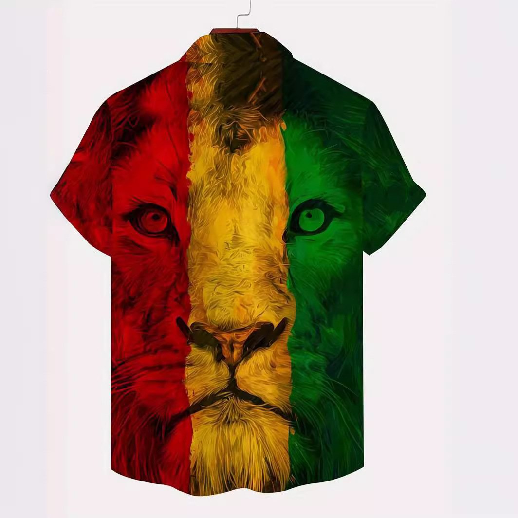 Stylish lion print v-neck button-down shirt