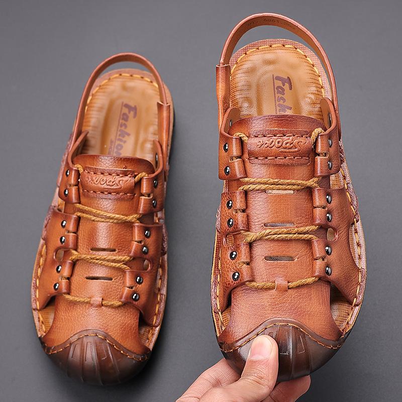 Trendy outdoor genuine leather non-slip casual men's beach sandals