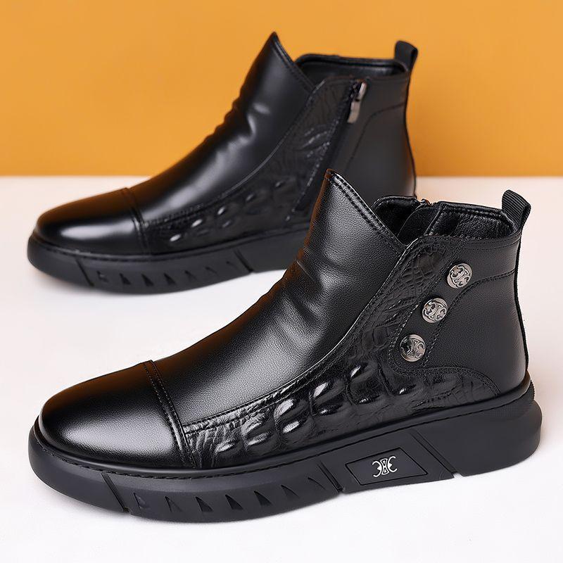 Trendy new high-top casual crocodile pattern side zipper men's genuine leather boots