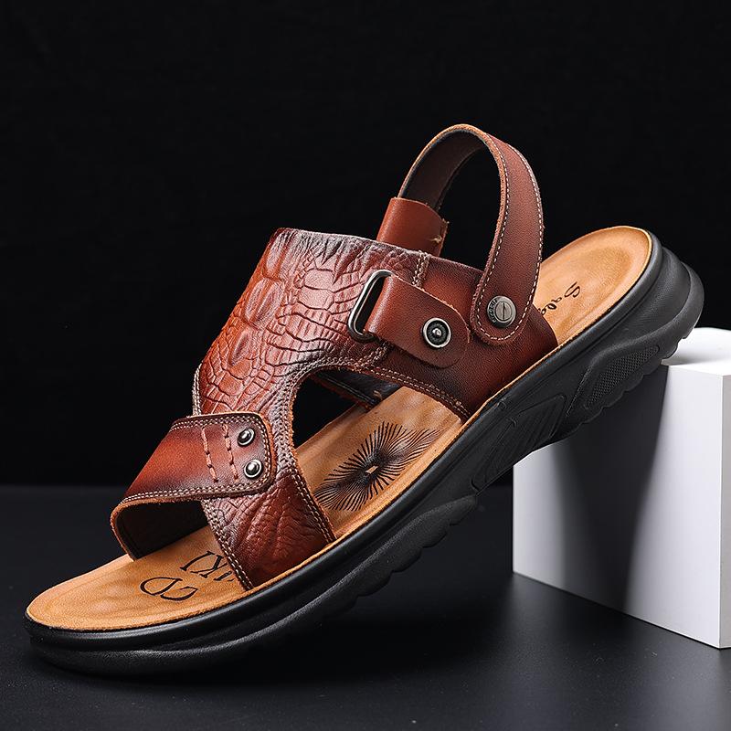 Summer new cowhide crocodile pattern men's casual thick-soled sandals