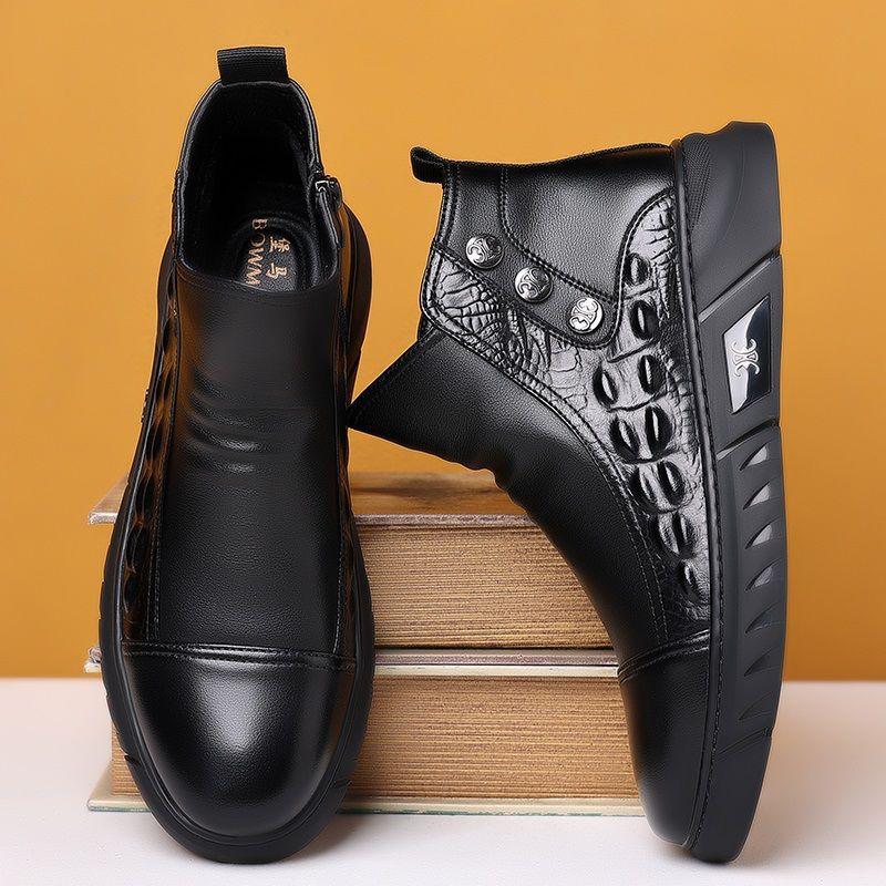 Trendy new high-top casual crocodile pattern side zipper men's genuine leather boots