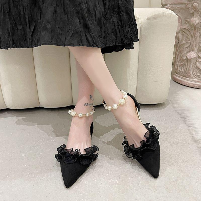 Stylish new pearl buckle strap thick heel sandals