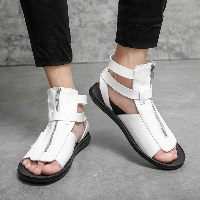 Trendy men's high-top buckle zippered leather sandals