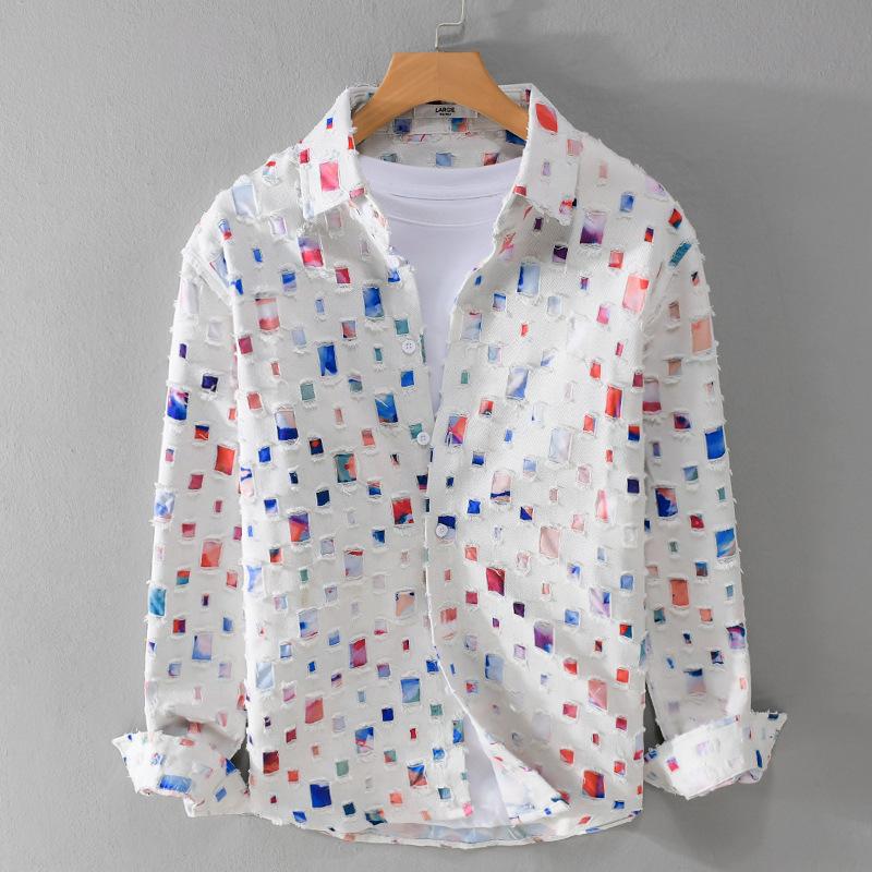 Trendy colorful checkered long sleeve men's shirt