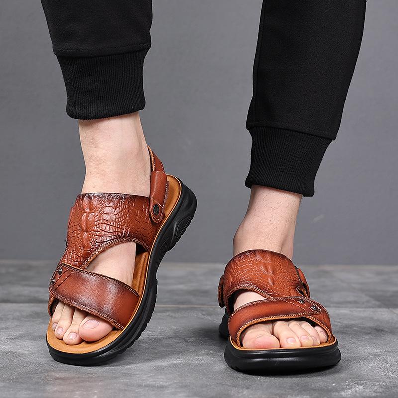 Summer new cowhide crocodile pattern men's casual thick-soled sandals